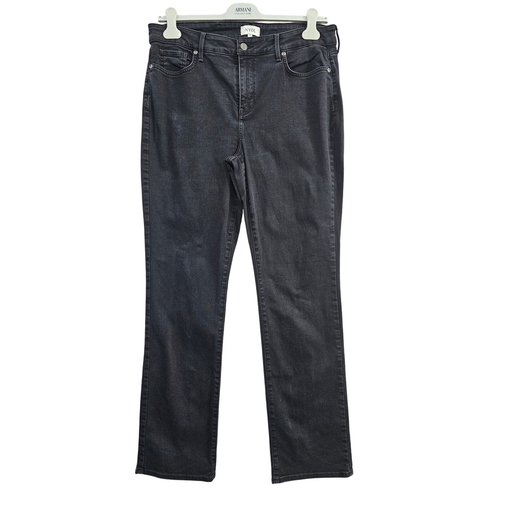 NYDJ Straight Leg Jeans Womens 14 Black Solid Lift Tuck Stretch Denim MBDMMS2829